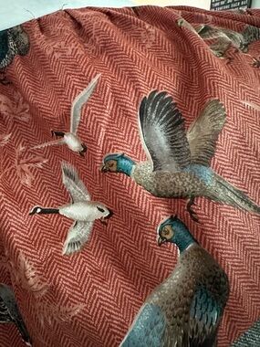 Custom TWIN Bedskirt, warm rust‑red herringbone/beige - gamebird print design